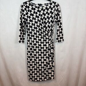 Talbots Womens Black White Geometric 3/4 sleeve‎ faux wrap dress sz small petite